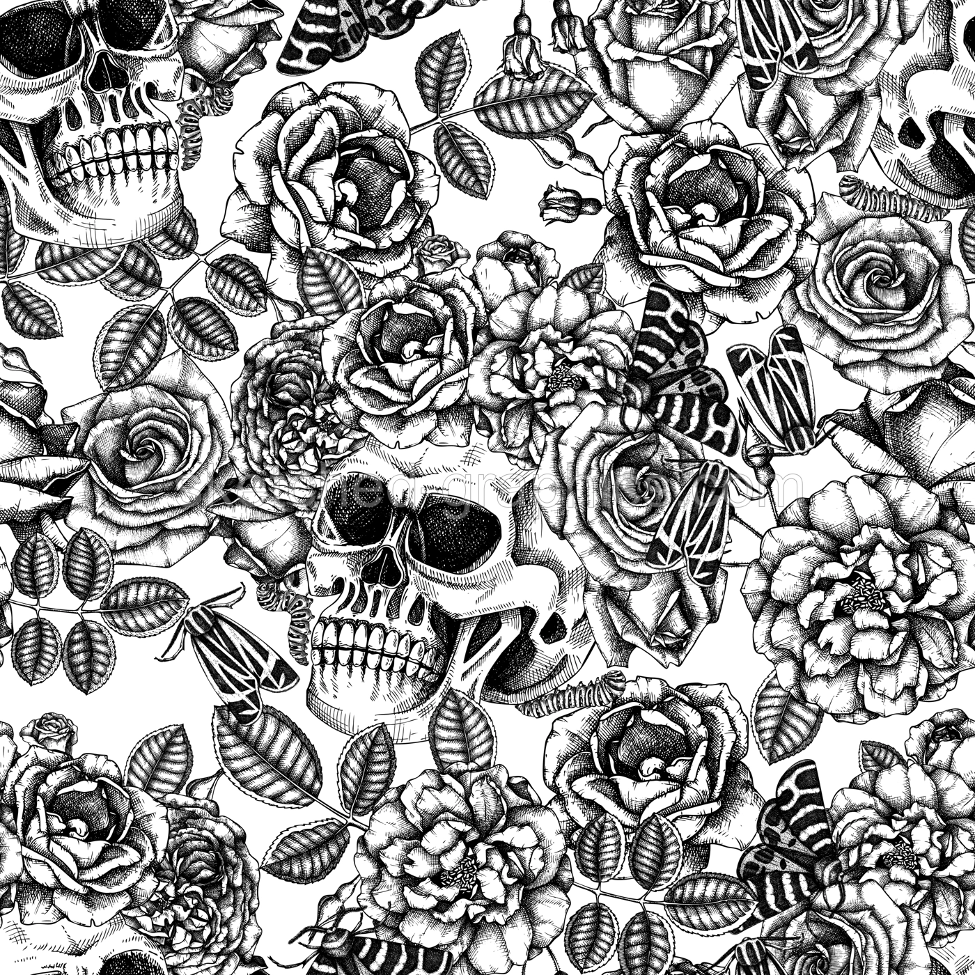 Day of the death seamless pattern. Hand drawn vector illustration. Human skull with rose flowers and moth sketch. Gothic style background. Repeating texture. Fabric, textile, wrapping paper, print Illustration